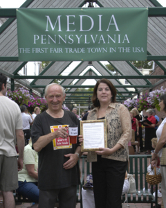 Hal Taussig and Media Borough Councilperson Monica Simpson at the ceremony declaring Media the First Fair Trade Town in the US